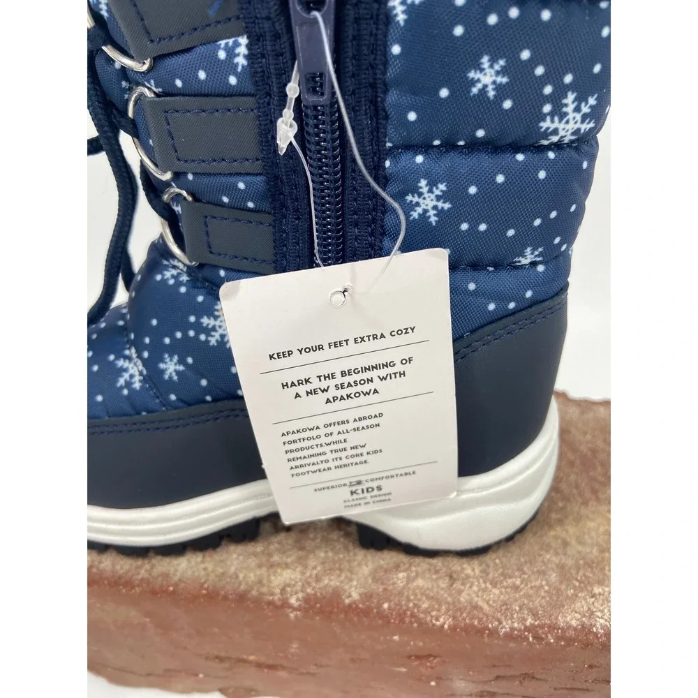 Apakowa Kids Navy Blue Snowflake Winter Snow Boots Faux Fur Lined Waterproof Lug